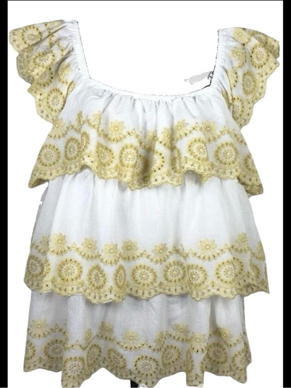 White Tiered Eyelet Off-Shoulder Tunic with Gold Embroidery
